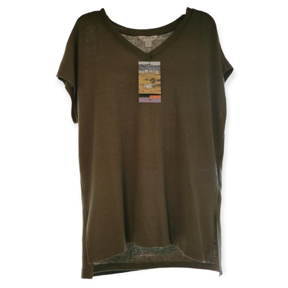 Orvis Women's Olive Short Sleeve V-Neck Tunic Knit Top - Picture 2 of 7